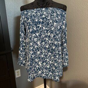Verse Blouse Womens Medium Off‎ Shoulder Bell Sleeve Top Blue Floral Print USA